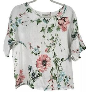 Laura Bianchi White Floral 100% Linen Blouse Small Top Lagenlook Coastal Womens